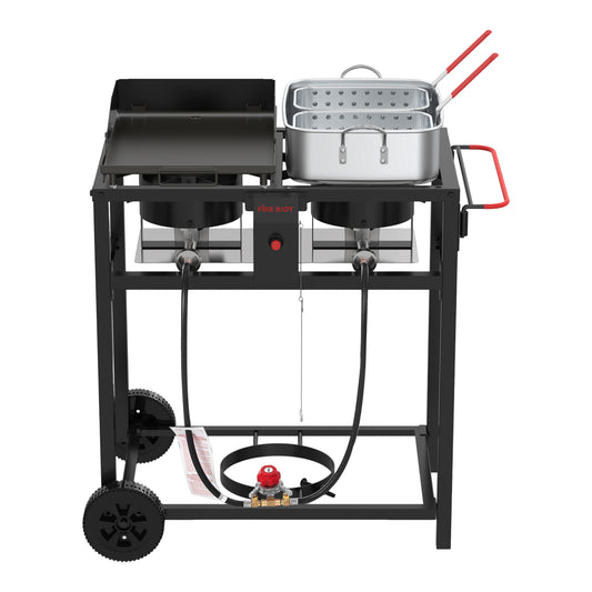 2-in-1 Outdoor Propane Deep Fryer & Griddle Combo, Double Burner Gas Cooking Station with Wheels