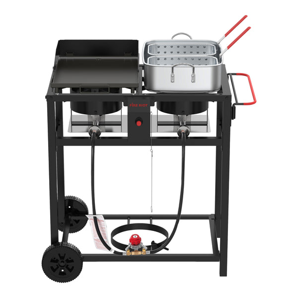 2-in-1 Outdoor Propane Deep Fryer & Griddle Combo, Double Burner Gas Cooking Station with Wheels