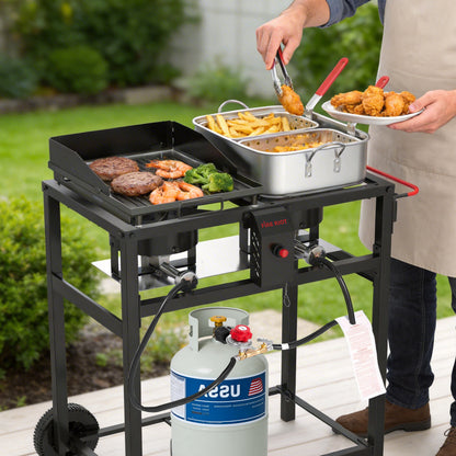 2-in-1 Outdoor Propane Deep Fryer & Griddle Combo, Double Burner Gas Cooking Station with Wheels