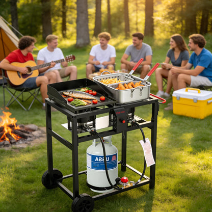 2-in-1 Outdoor Propane Deep Fryer & Griddle Combo, Double Burner Gas Cooking Station with Wheels