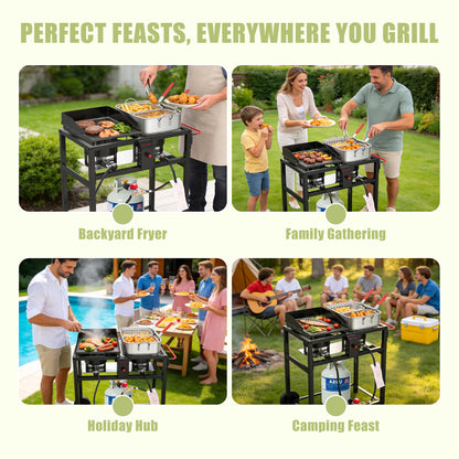 2-in-1 Outdoor Propane Deep Fryer & Griddle Combo, Double Burner Gas Cooking Station with Wheels