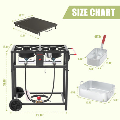 2-in-1 Outdoor Propane Deep Fryer & Griddle Combo, Double Burner Gas Cooking Station with Wheels
