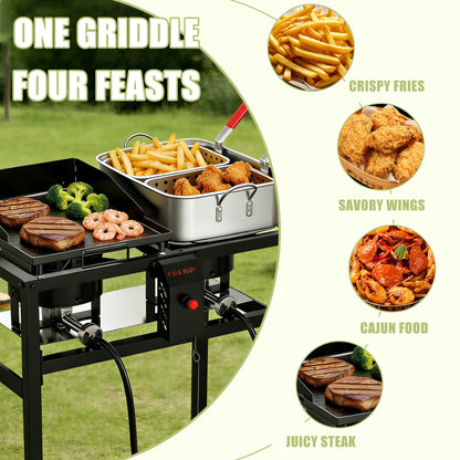 2-in-1 Outdoor Propane Deep Fryer & Griddle Combo, Double Burner Gas Cooking Station with Wheels