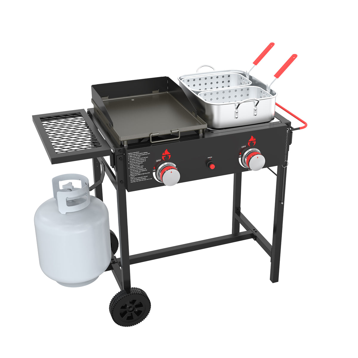 NUUK Outdoor Propane Deep Fryer & Griddle Combo, 2-in-1 Burner Stove with Movable Cart, 18QT Aluminum Pots with Baskets, 100,000 BTU Commercial Fish Fryer for Fish, Fries & Chicken
