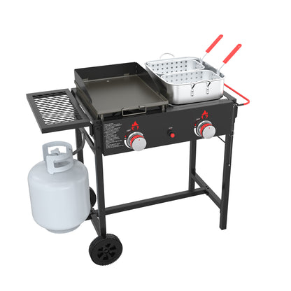 NUUK Outdoor Propane Deep Fryer & Griddle Combo, 2-in-1 Burner Stove with Movable Cart, 18QT Aluminum Pots with Baskets, 100,000 BTU Commercial Fish Fryer for Fish, Fries & Chicken
