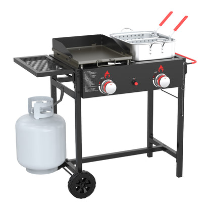 NUUK Outdoor Propane Deep Fryer & Griddle Combo, 2-in-1 Burner Stove with Movable Cart, 18QT Aluminum Pots with Baskets, 100,000 BTU Commercial Fish Fryer for Fish, Fries & Chicken