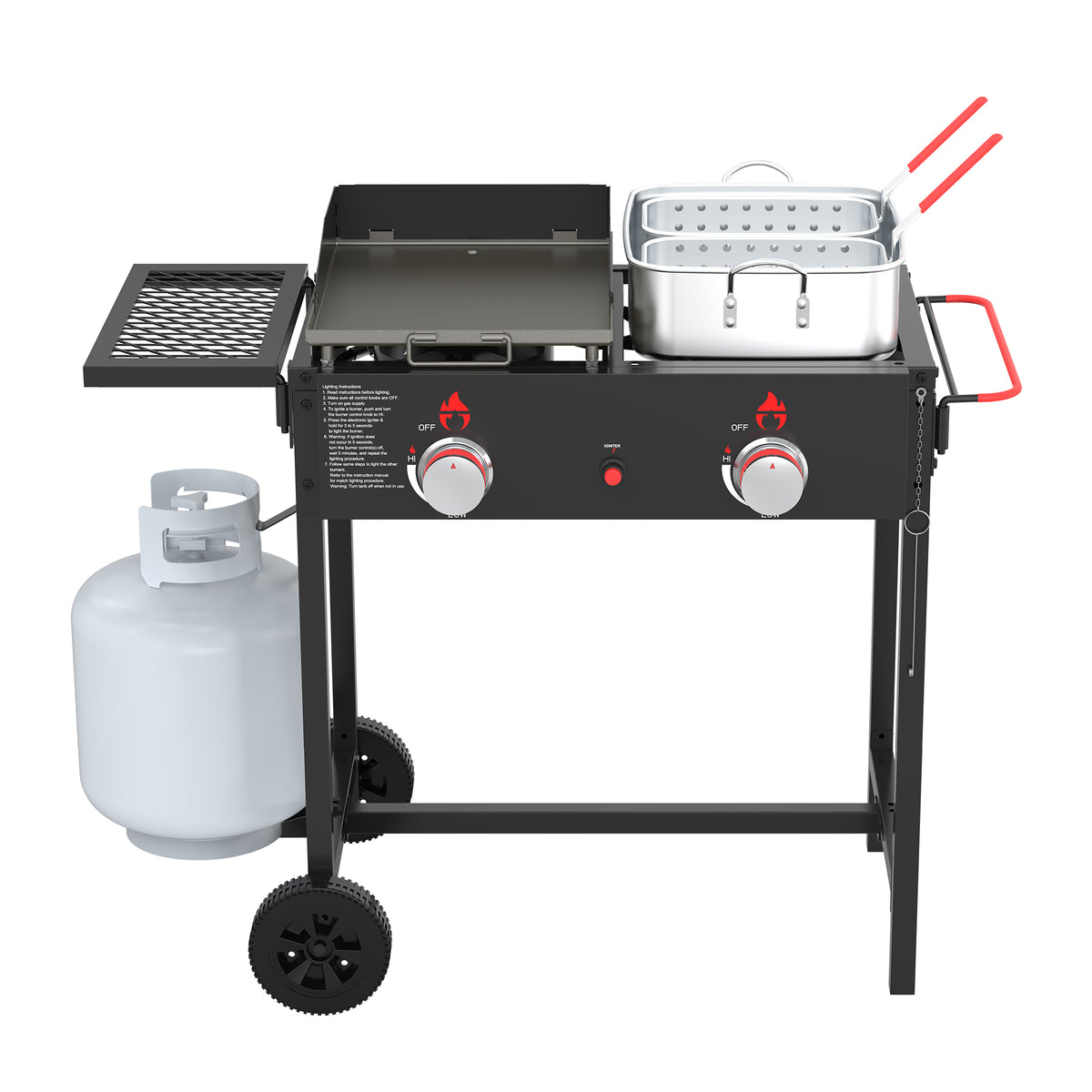 NUUK Outdoor Propane Deep Fryer & Griddle Combo, 2-in-1 Burner Stove with Movable Cart, 18QT Aluminum Pots with Baskets, 100,000 BTU Commercial Fish Fryer for Fish, Fries & Chicken
