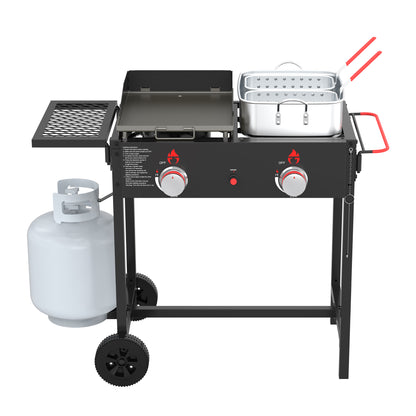 NUUK Outdoor Propane Deep Fryer & Griddle Combo, 2-in-1 Burner Stove with Movable Cart, 18QT Aluminum Pots with Baskets, 100,000 BTU Commercial Fish Fryer for Fish, Fries & Chicken