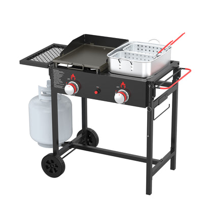 NUUK Outdoor Propane Deep Fryer & Griddle Combo, 2-in-1 Burner Stove with Movable Cart, 18QT Aluminum Pots with Baskets, 100,000 BTU Commercial Fish Fryer for Fish, Fries & Chicken