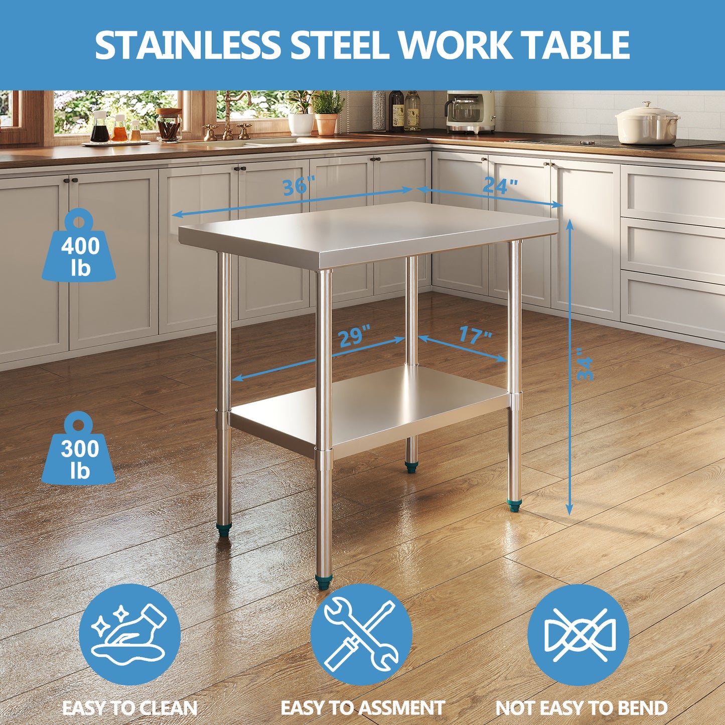 NUUK 24 X 48 Inch Work Table, Stainless Steel Commercial Kitchen Food Prep Table with Adjustable Undershelf