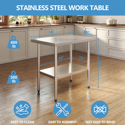 NUUK 24 X 48 Inch Work Table, Stainless Steel Commercial Kitchen Food Prep Table with Adjustable Undershelf