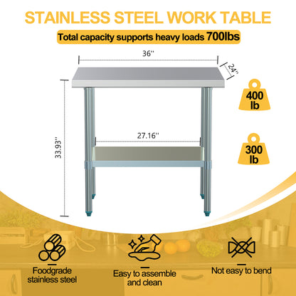 NUUK Stainless Steel Work Table, 24 X 36 Inch Commercial Kitchen Food Prep Table
