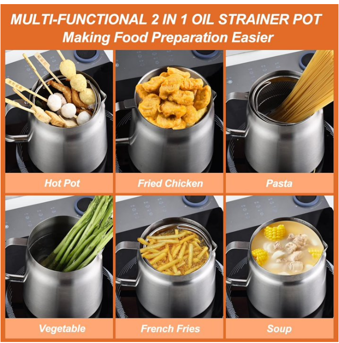 2L Deep Fryer Pot with Basket & Oil Strainer,Japanese Tempura Fryer