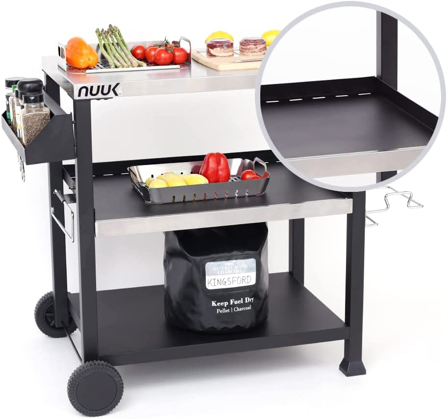 NUUK Outdoor Grill Cart with Wheels, 20" x 32" Movable Food Prep Table Stand, Heavy-Duty Prep Station with Hook, 3-Shelf Pizza Cart for Patio