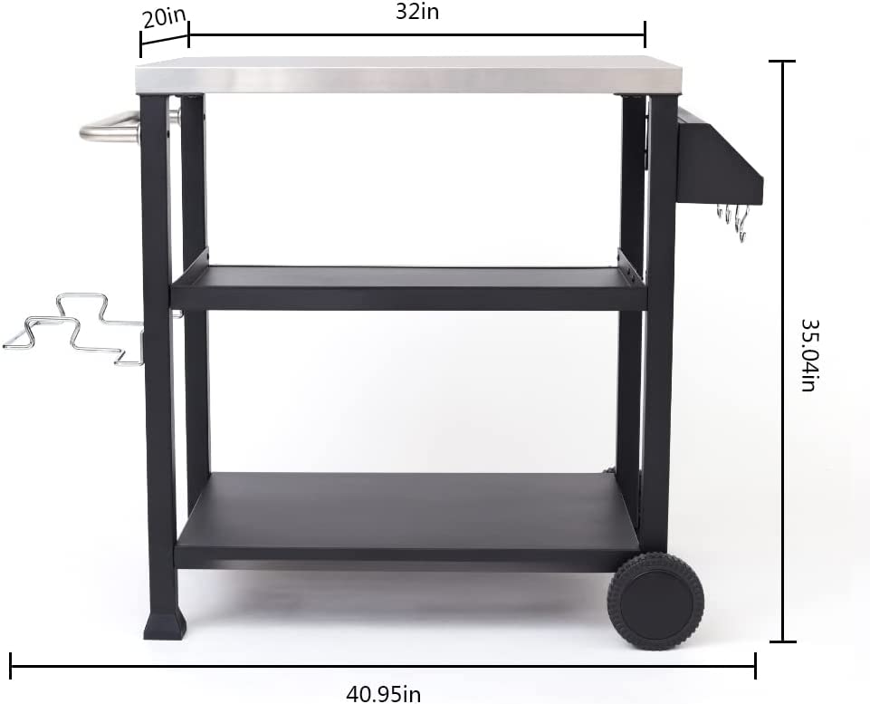 NUUK Outdoor Grill Cart with Wheels, 20" x 32" Movable Food Prep Table Stand, Heavy-Duty Prep Station with Hook, 3-Shelf Pizza Cart for Patio