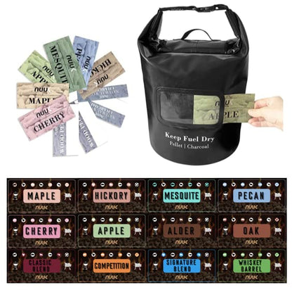 NUUK 20 LBs Pellet/Charcoal Fuel Storage Bucket, & Magnet Wood Pellet Flavor  Label Combo