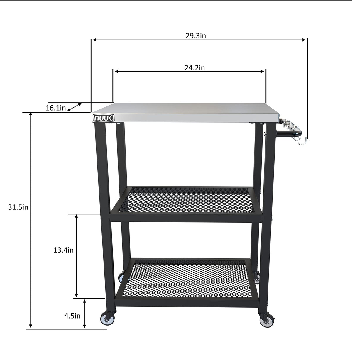NUUK Outdoor Grill Cart with Wheels, 16" x 24" Movable Grill Prep Table,Heavy-Duty Prep Station with Hook, 3-Shelf Pizza Cart for Patio BBQ and Deck Parties