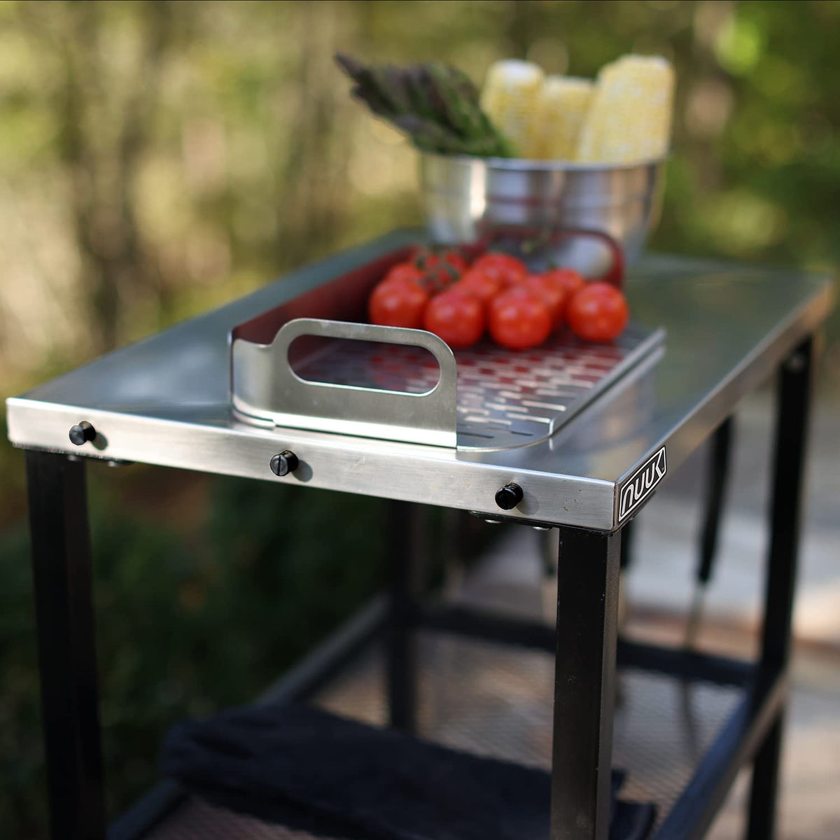 NUUK Outdoor Grill Cart with Wheels, 16" x 24" Movable Grill Prep Table,Heavy-Duty Prep Station with Hook, 3-Shelf Pizza Cart for Patio BBQ and Deck Parties