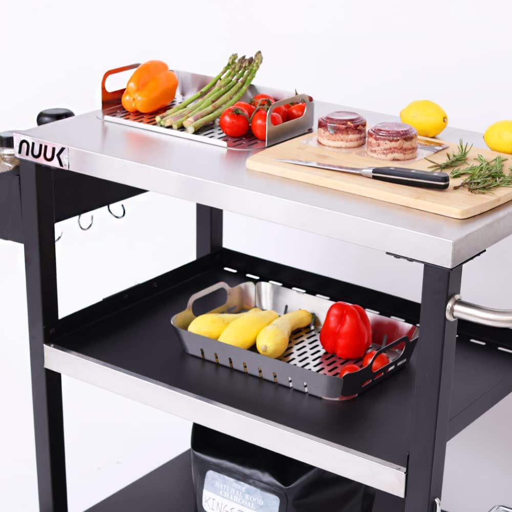 NUUK Outdoor Grill Cart with Wheels, 20" x 32" Movable Food Prep Table Stand, Heavy-Duty Prep Station with Hook, 3-Shelf Pizza Cart for Patio