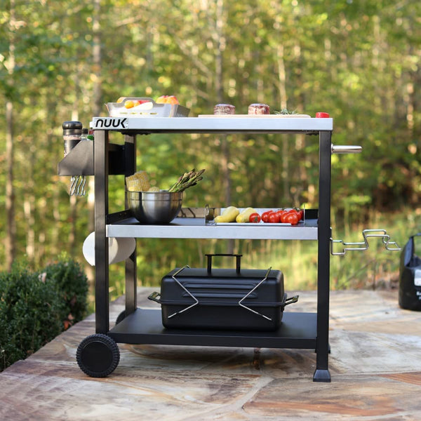 NUUK Outdoor Grill Cart with Wheels, 20" x 32" Movable Food Prep Table Stand, Heavy-Duty Prep Station with Hook, 3-Shelf Pizza Cart for Patio