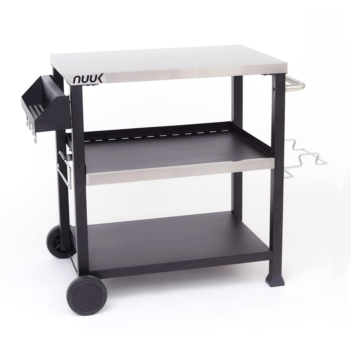 NUUK Outdoor Grill Cart with Wheels, 20" x 32" Movable Food Prep Table Stand, Heavy-Duty Prep Station with Hook, 3-Shelf Pizza Cart for Patio