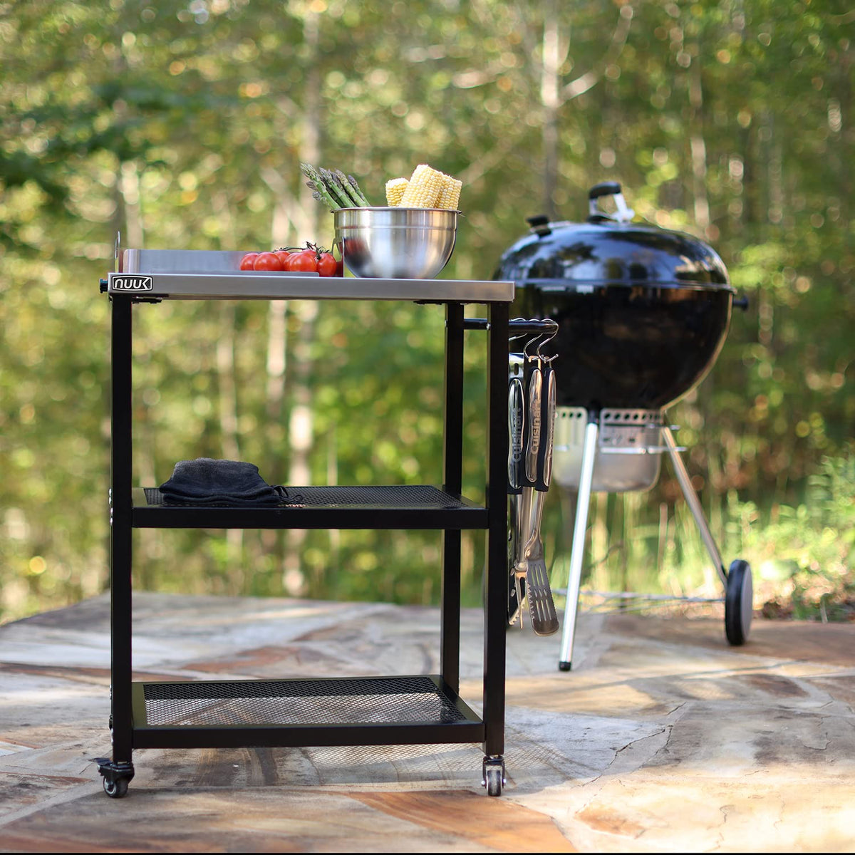 NUUK Outdoor Grill Cart with Wheels, 16" x 24" Movable Grill Prep Table,Heavy-Duty Prep Station with Hook, 3-Shelf Pizza Cart for Patio BBQ and Deck Parties