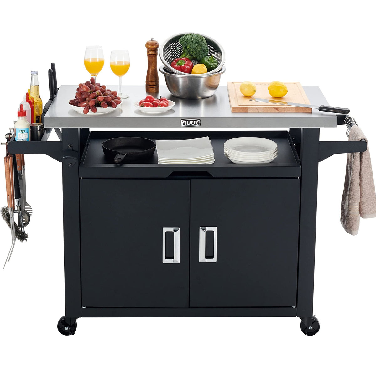 NUUK Outdoor Grill Cart with Storage, Patio Kitchen Island Grill Table with Wheels, BBQ Cart Movable Pizza Oven Table Stand