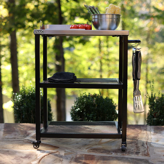 NUUK Outdoor Grill Cart with Wheels, 16" x 24" Movable Grill Prep Table,Heavy-Duty Prep Station with Hook, 3-Shelf Pizza Cart for Patio BBQ and Deck Parties