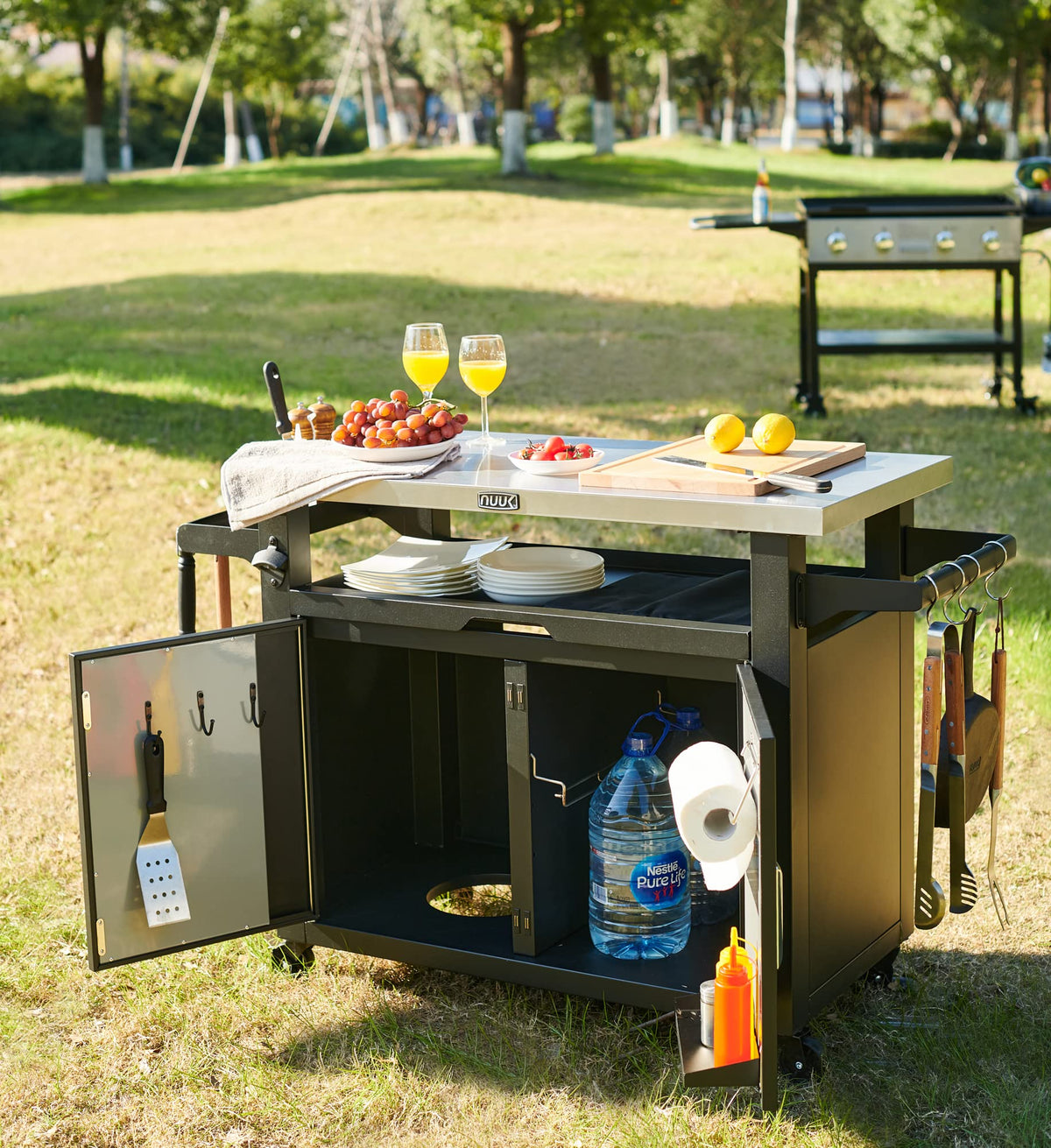 NUUK Outdoor Grill Cart with Storage, Patio Kitchen Island Grill Table with Wheels, BBQ Cart Movable Pizza Oven Table Stand