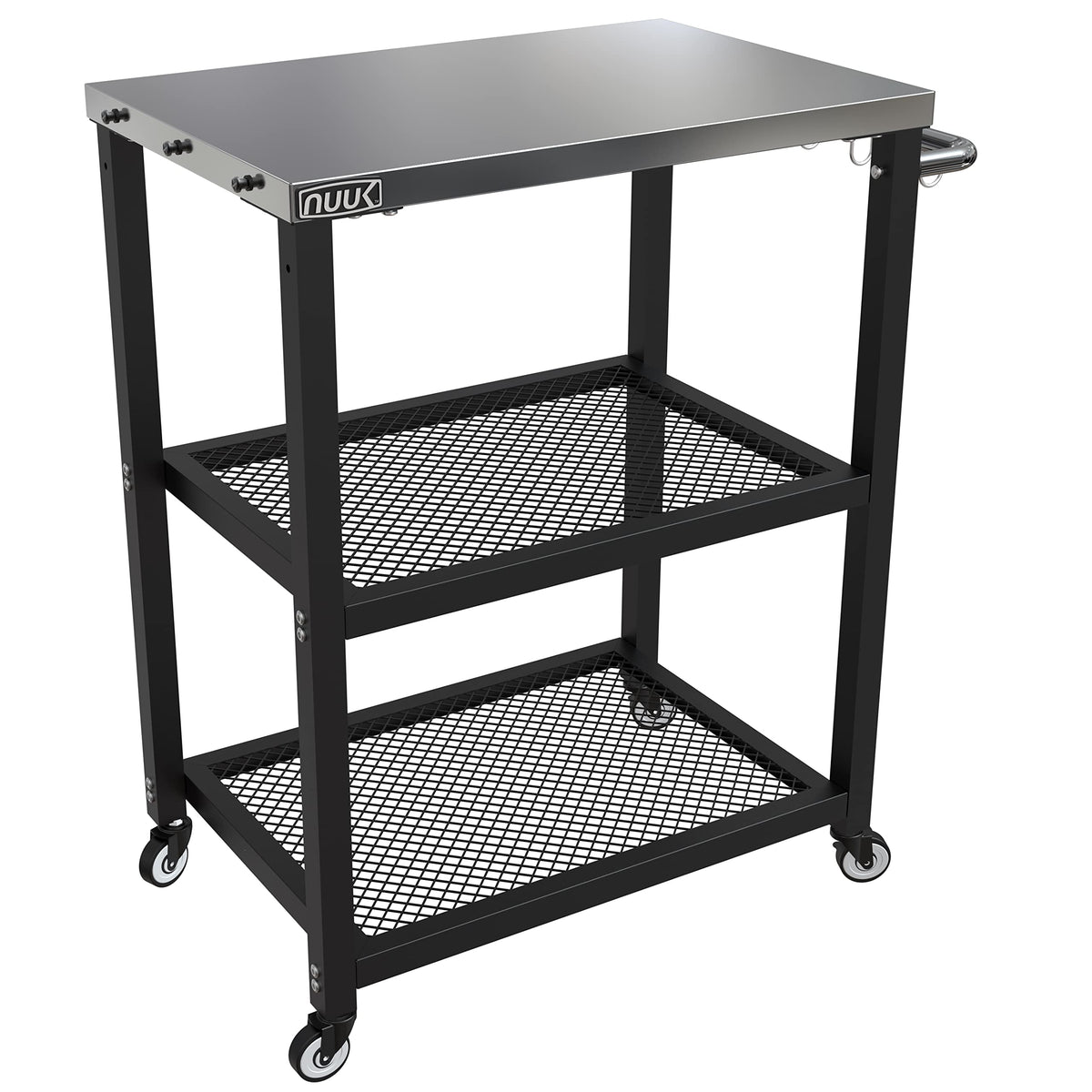 NUUK Outdoor Grill Cart with Wheels, 16" x 24" Movable Grill Prep Table,Heavy-Duty Prep Station with Hook, 3-Shelf Pizza Cart for Patio BBQ and Deck Parties