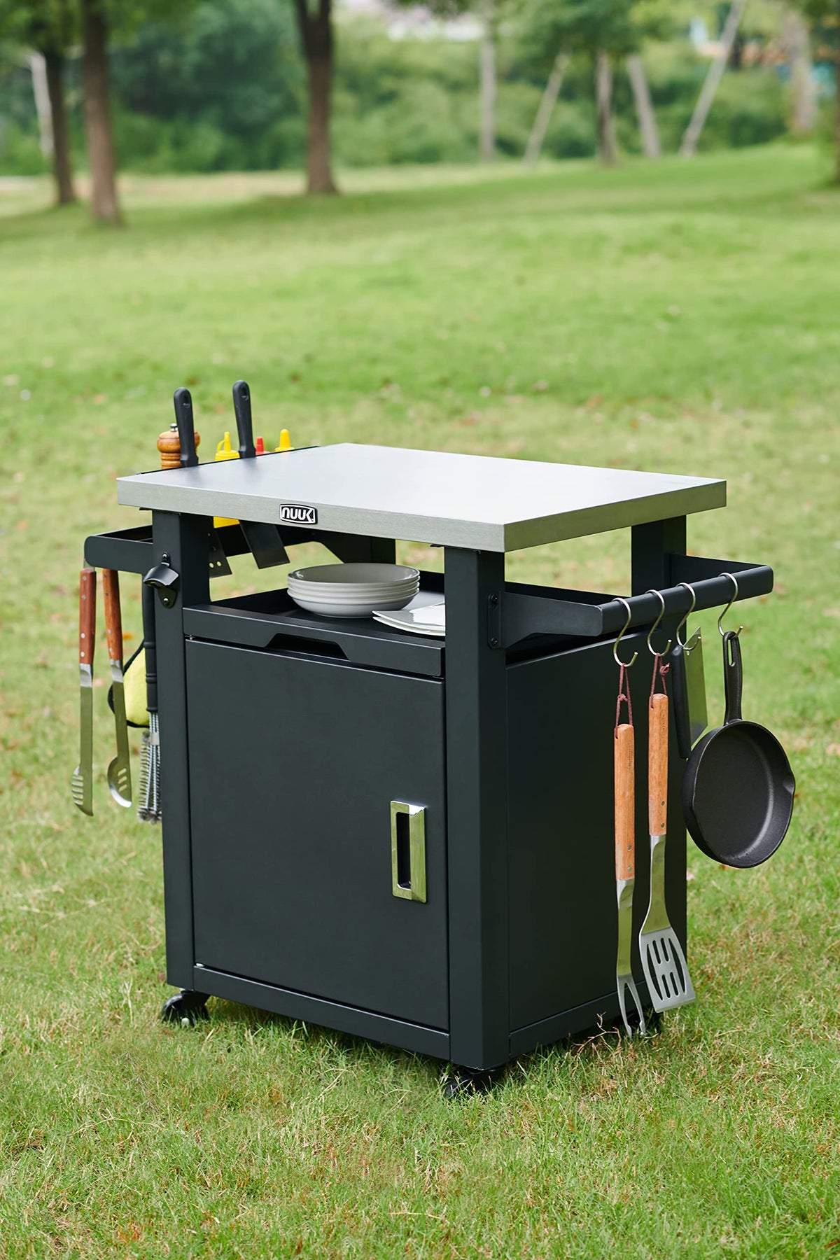NUUK Outdoor Grill Cart with Storage, Portable Patio Kitchen Island Grill Table with Wheels, BBQ Cart Movable Pizza Oven Table Stand