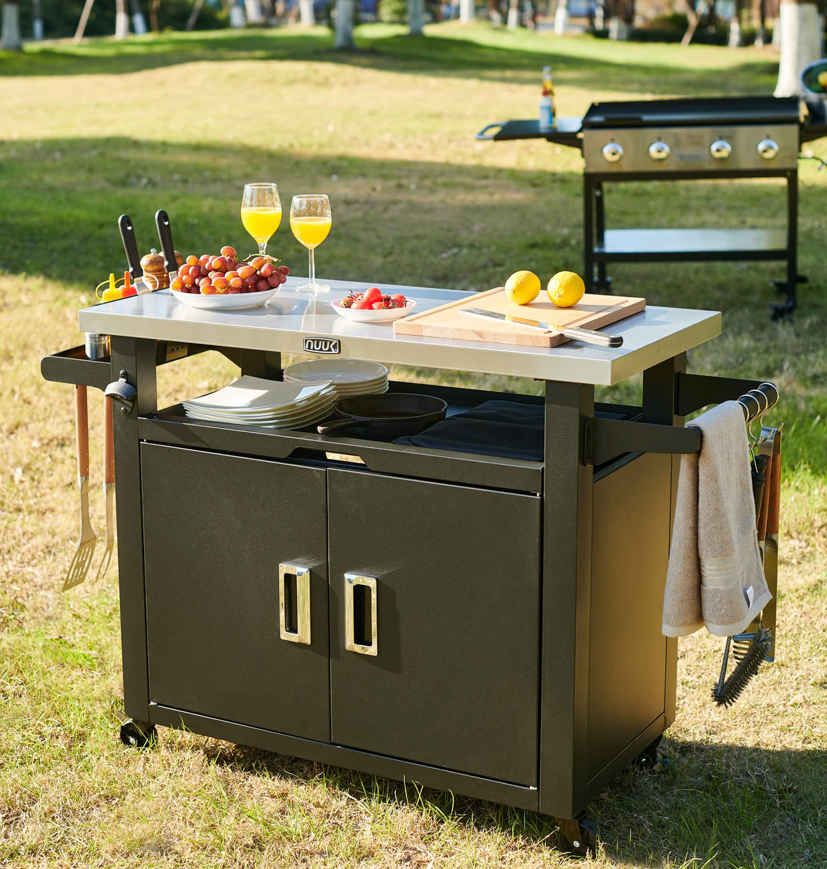 NUUK Outdoor Grill Cart with Storage, Patio Kitchen Island Grill Table with Wheels, BBQ Cart Movable Pizza Oven Table Stand