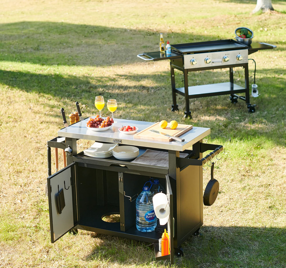 NUUK Outdoor Grill Cart with Storage, Patio Kitchen Island Grill Table with Wheels, BBQ Cart Movable Pizza Oven Table Stand